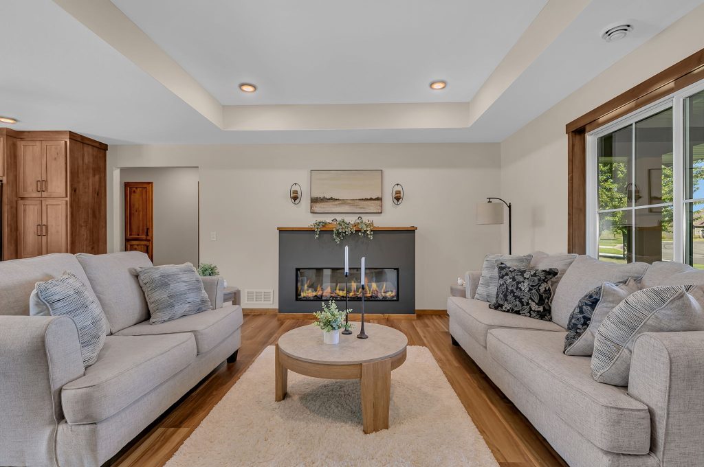 Wide view of living room and kitchen